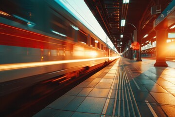 Fast high speed train moving on platform at sunset Transport concept