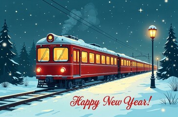 A Christmas train arrives at the railway station, warm yellow light in the train windows, the atmosphere of the Christmas holiday, winter evening, lots of snow.