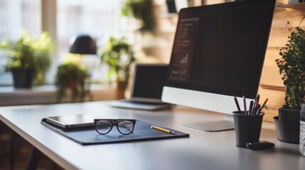 Poster - A computer desk with a monitor, laptop, and a pair of glasses