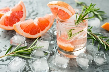 Wall Mural - Grapefruit cocktail with ice and rosemary on a grey background