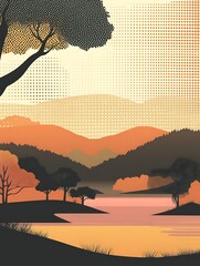 Poster - A minimalist landscape with a lake, mountains, and trees.