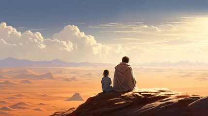 Wall Mural - Father and daughter sitting on the sand dune Looking at the sunset