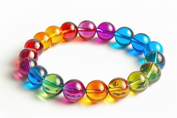 Handmade glass beads bracelet with rainbow colors on white background