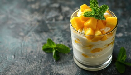 Canvas Print - Healthy breakfast of mango yogurt with fresh mint in a glass close up on concrete background