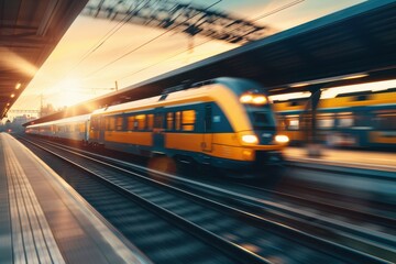 High speed yellow train in motion on railway platform at sunset with blurred background