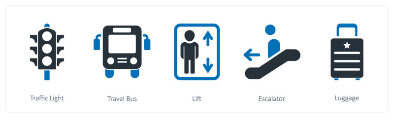 A set of 5 summer and travel icons as traffic light, travel bus, lift