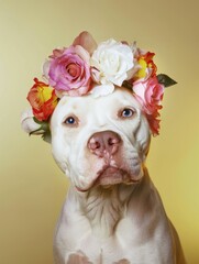 Poster - A white dog with a flower crown. AI.