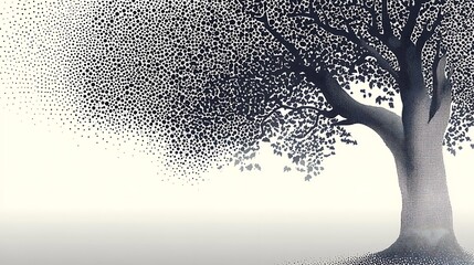Poster - A stylized black and white illustration of a tree with its leaves blowing away in the wind.