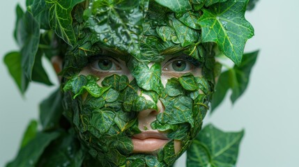 Poster - A face covered in green leaves. AI.