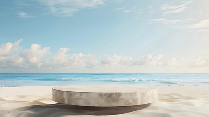 Stone podium on the beach with blue sky background