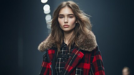 Sticker - A woman wearing a red and black plaid coat with a fur collar