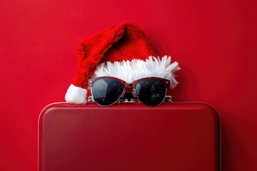 Minimal concept Santa hat and sunglasses on suitcase on red background