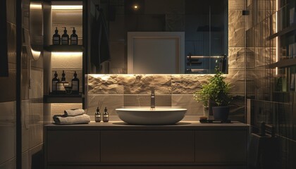 Modern bathroom with illuminated textured bronze tiled walls gray stand with drawers and white sink dark matte faucet flowing water black bottles wide mirror s