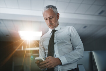 Poster - Business, mature man and texting on smartphone at office for email notification and social media. Male person, manager and boss on internet or online for communication, networking and connection