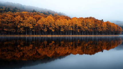 Sticker - Autumn landscape with dense forest of orange and yellow trees reflected in a calm lake under a foggy sky.