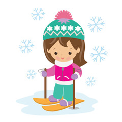 Little skier girl  vector cartoon  illustration