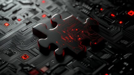 Poster - A black and red puzzle piece is on a black and red circuit board