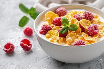 Nutritious morning meal cereal with raspberries in yogurt