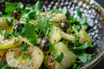 Olivier salad with herbs olives and pepper