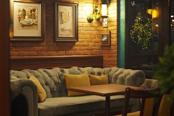 Wall Mural - A cozy corner in a coffee shop featuring plush sofas. The inviting setup encourages customers to relax