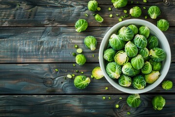 Canvas Print - Organic brussel sprouts in white bowl on rustic table