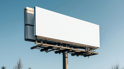 Large blank white billboard on a metal frame structure against a clear blue sky.