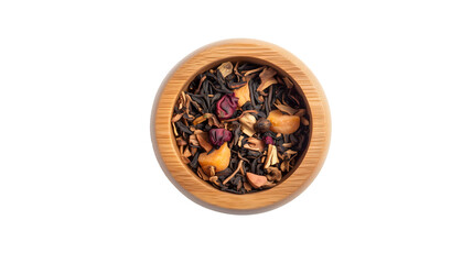 Wall Mural - Loose leaf fruit tea in wooden bowl, isolated, top view