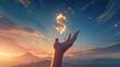 © Chirawan - Illustration of hand with money symbol above hand with sky in the background. Concept of finance, business, earning money, focus on finance.