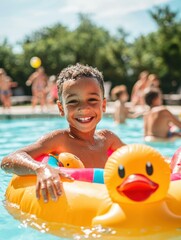 Canvas Print - A young boy smiles as he floats in a pool with a duck ring. AI.