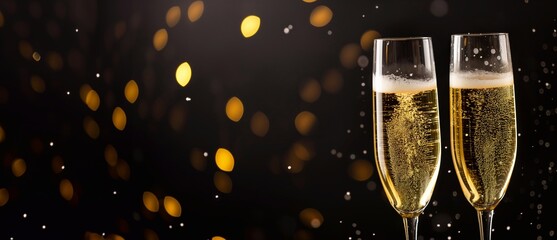 Elegant champagne glasses clinking in a festive toast by golden lights on a dark background. for celebrations and special occasions. Cheers to love memories! Happy new year backdrop copy space