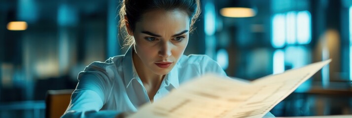 Analyzing economic data trends, businesswoman with serious expression, examining a chart on a desk, corporate environment