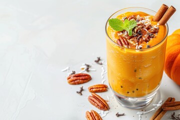 Sticker - Pumpkin smoothie with toppings perfect for Halloween or Thanksgiving dessert on white background