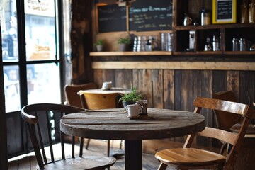 Wall Mural - A rustic coffee shop corner featuring a vintage coffee grinder and old photos. The warm decor adds to the inviting feel