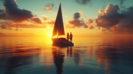 Poster - A couple is on a sailboat in the ocean at sunset