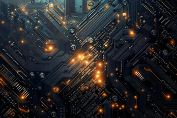Fototapete - High-tech background with glowing pathways and components on circuit board. Concept of advanced technology and electronics