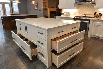 Wooden drawers in modern kitchen interior, closeup. Furniture design