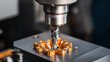 © altitudevisual - Close-up view of a CNC milling machine cutting a detailed orange metal part with a spiral end mill on a metallic surface.