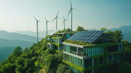 Energy-efficient business solutions depicted by a corporate office powered by green technology, such as wind turbines and solar panels, suitable for an energy-focused stock image