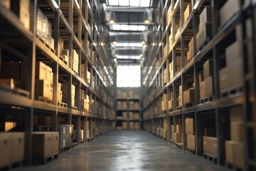 Shelves filled with boxes in warehouse interior