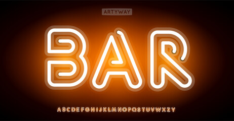 Leinwandbilder - Bright neon alphabet, electric glowing letters, vibrant luminous font for nightclub branding, nightlife headline, shiny orange logo, electrifying party style. Vector typeset.
