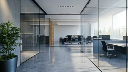 Poster - A large open office space with glass walls and a potted plant
