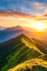 Poster - Experience the breathtaking beauty of a mountain landscape under a golden sunset, showcasing vibrant colors and serene natural scenery. Perfect for nature lovers!