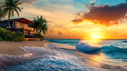 Poster - A beautiful beach with a house and palm trees in the background