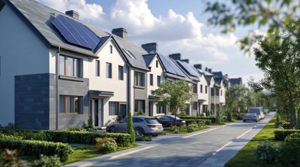 Poster - A row of houses with solar panels on the roofs