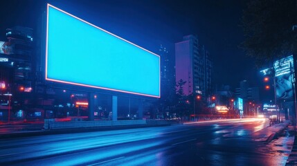 Big blue screen billboard on cyberpunk neon night city street mockup material background wallpaper AI generated image