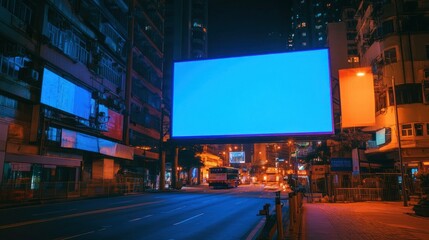 Big blue screen billboard on cyberpunk neon night city street mockup material background wallpaper AI generated image