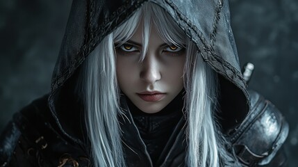 Wall Mural - Woman asian assassin medieval white hair witch magic character mysterious wearing a black hood background wallpaper AI generated image