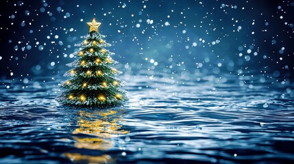 Poster - Sparkling Christmas Tree on Water Surface Background