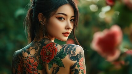 Wall Mural - Asian beautiful model young woman tattoos art on her back background wallpaper AI generated image