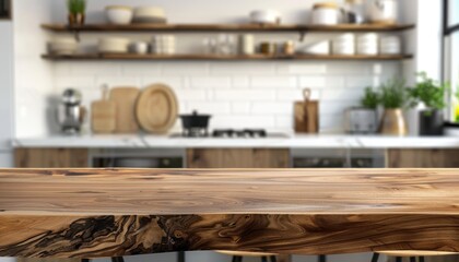 Sticker - Wooden table top or kitchen island with a natural pattern placed on a blurred kitchen background perfect for showcasing or editing your products